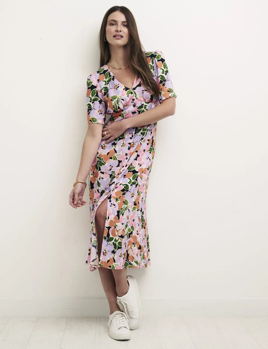 Pink Floral Alexa Midi with Shirring Dress