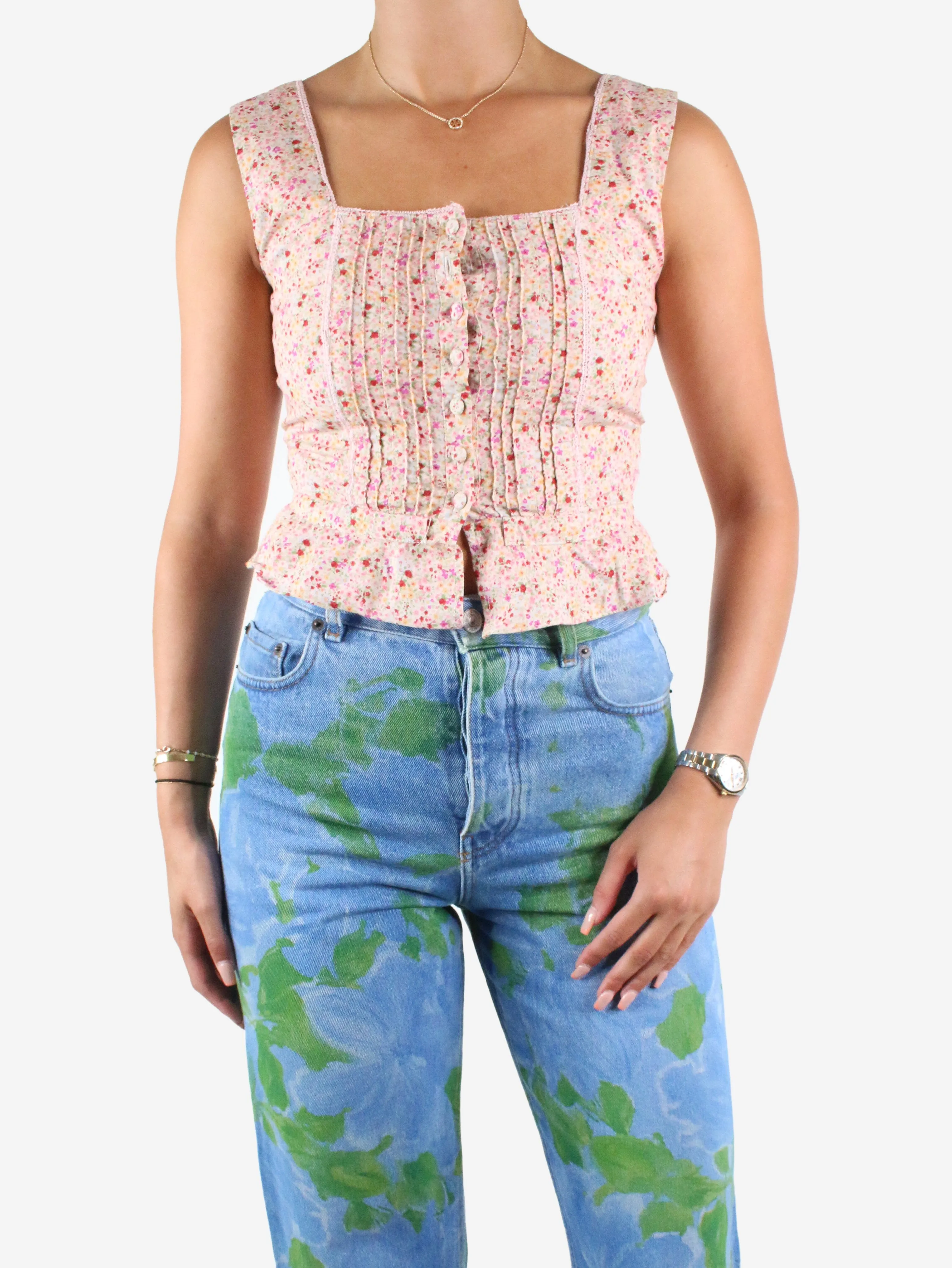 Pink floral button-detail strappy top - size US 4