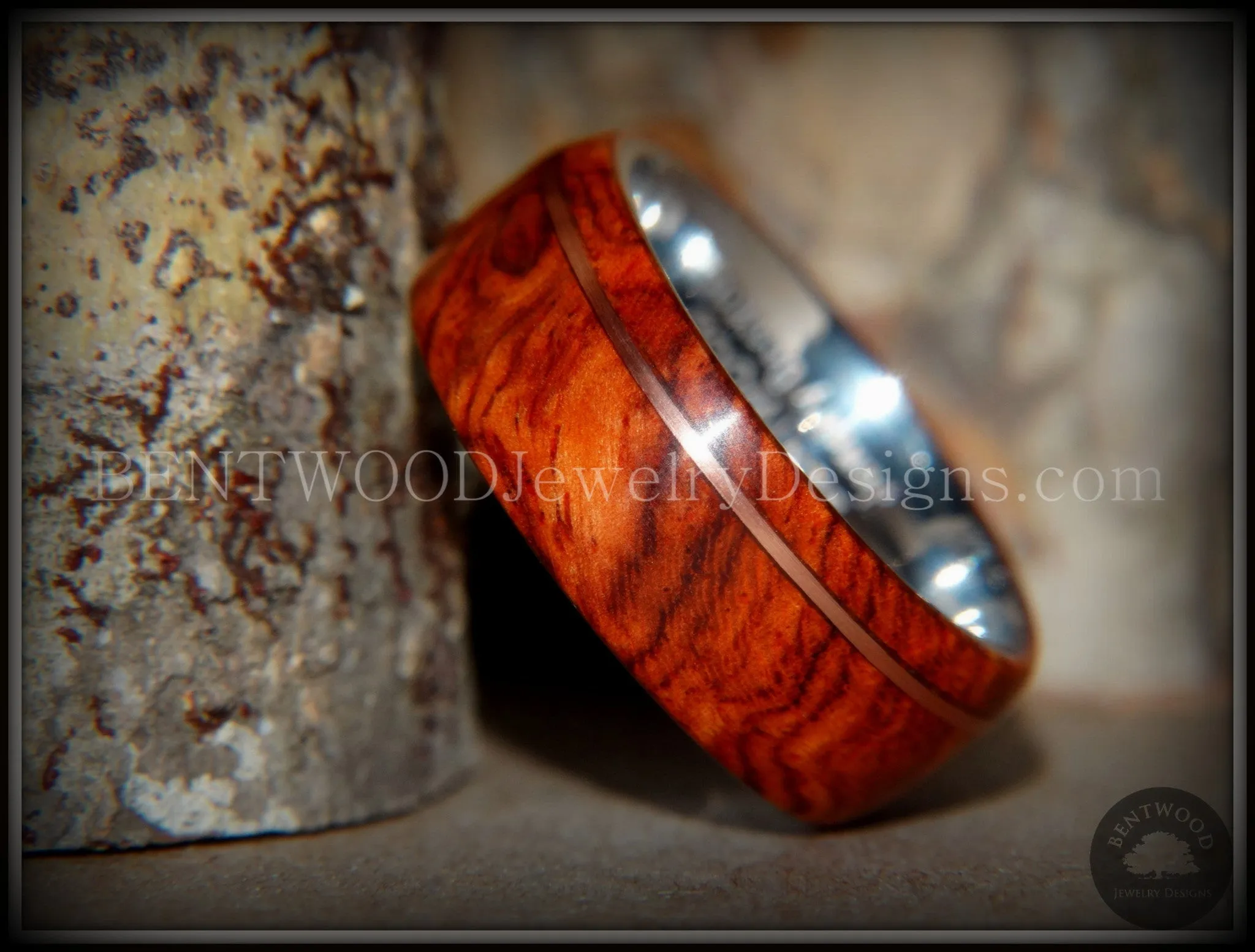 Tazzy Bentwood Ring - Beans Rarity Amboyna Burl Wood Ring on Stainless Steel Comfort Fit Core Silver High E String substituted for Bronze wire