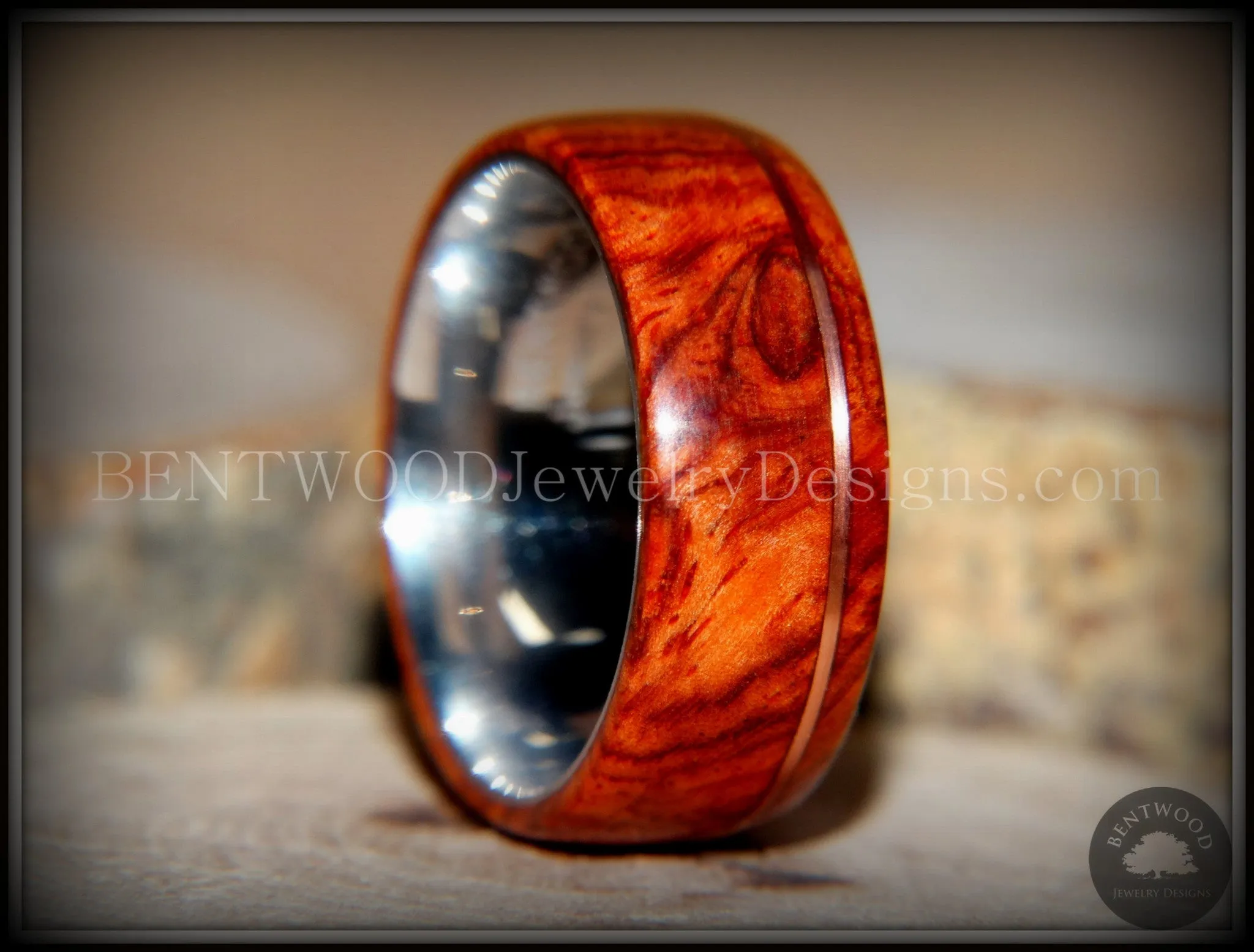 Tazzy Bentwood Ring - Beans Rarity Amboyna Burl Wood Ring on Stainless Steel Comfort Fit Core Silver High E String substituted for Bronze wire