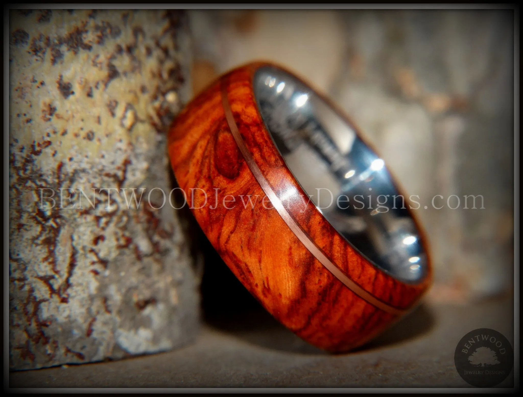 Tazzy Bentwood Ring - Beans Rarity Amboyna Burl Wood Ring on Stainless Steel Comfort Fit Core Silver High E String substituted for Bronze wire