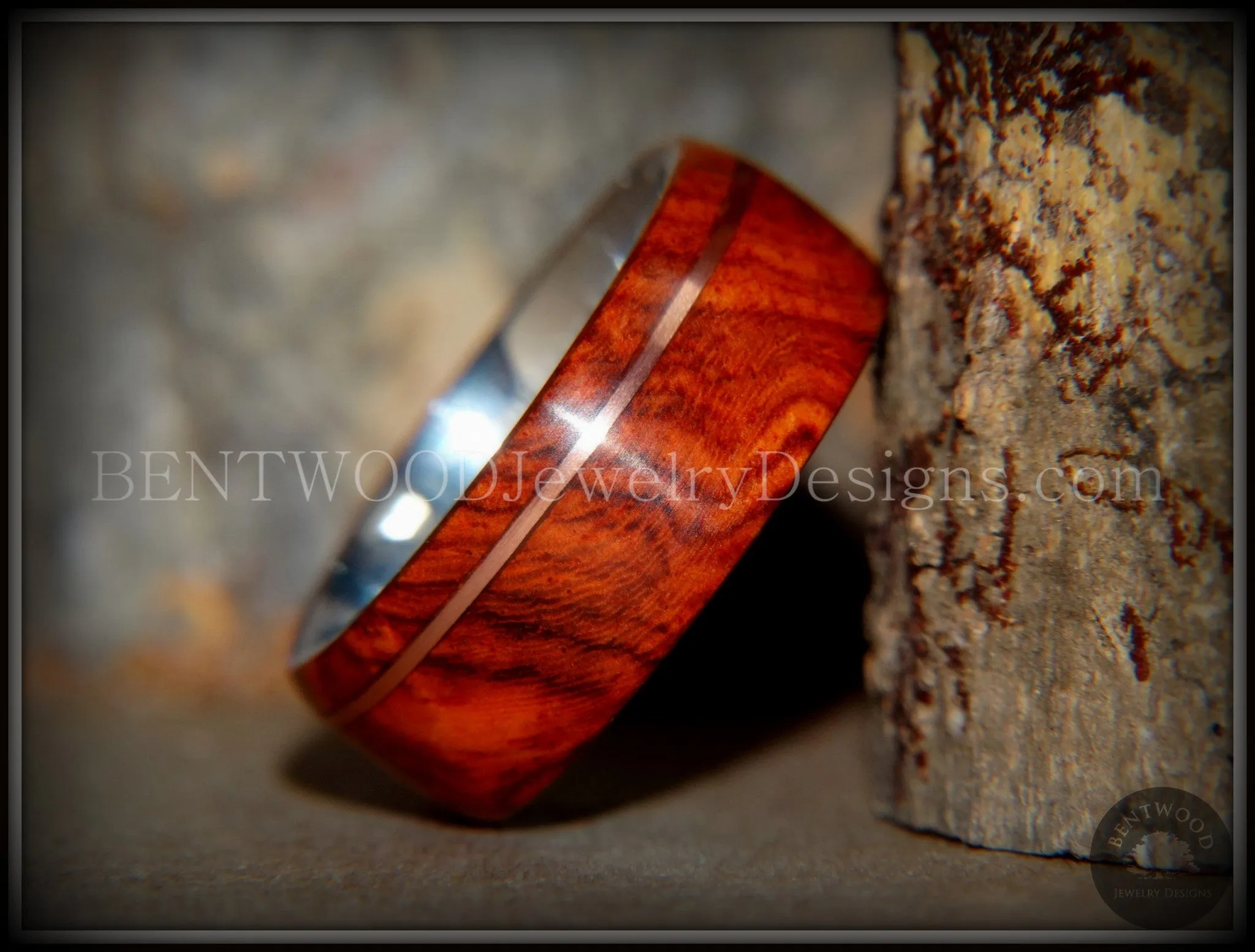 Tazzy Bentwood Ring - Beans Rarity Amboyna Burl Wood Ring on Stainless Steel Comfort Fit Core Silver High E String substituted for Bronze wire