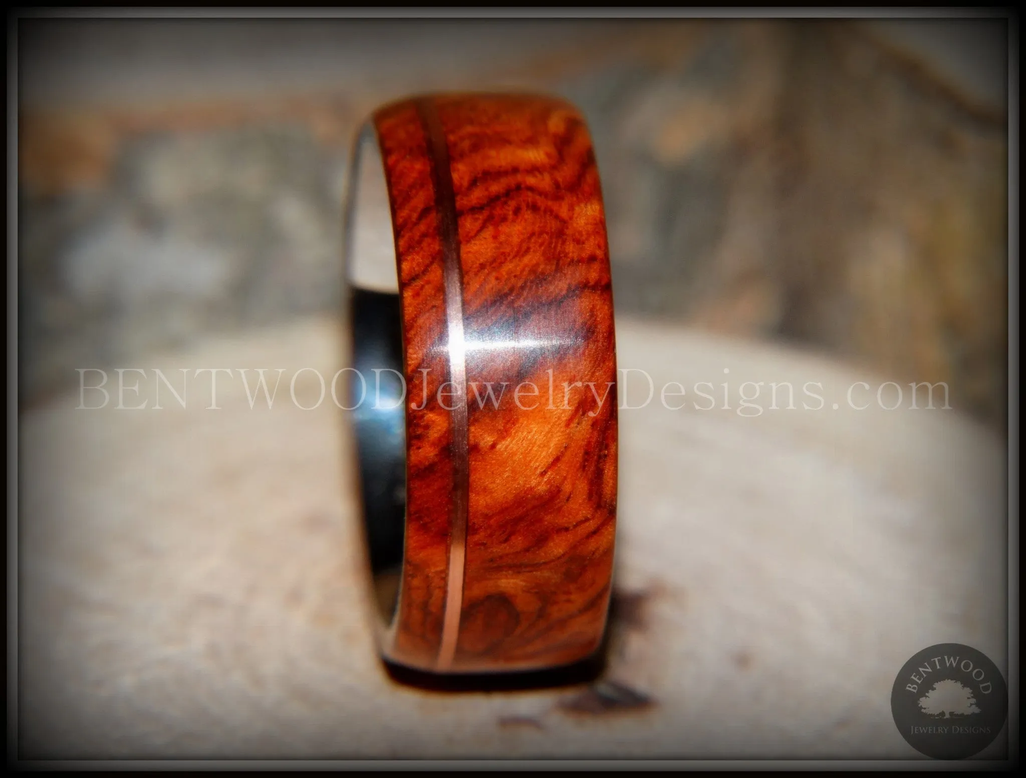 Tazzy Bentwood Ring - Beans Rarity Amboyna Burl Wood Ring on Stainless Steel Comfort Fit Core Silver High E String substituted for Bronze wire