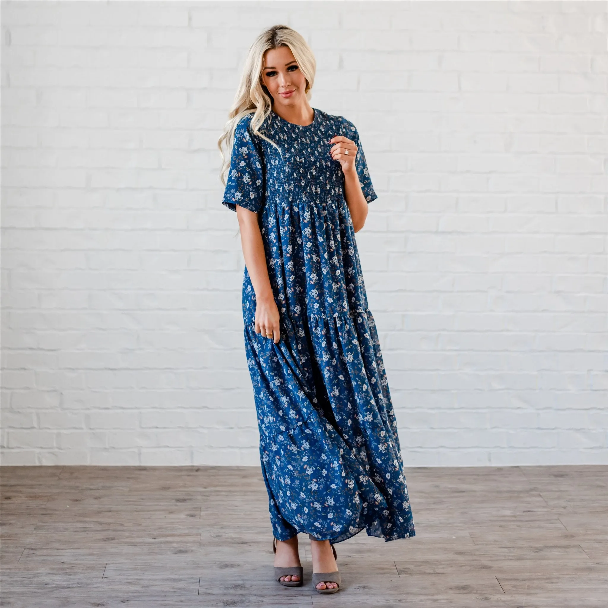 The Bella Smocked Maxi Dress: Blue