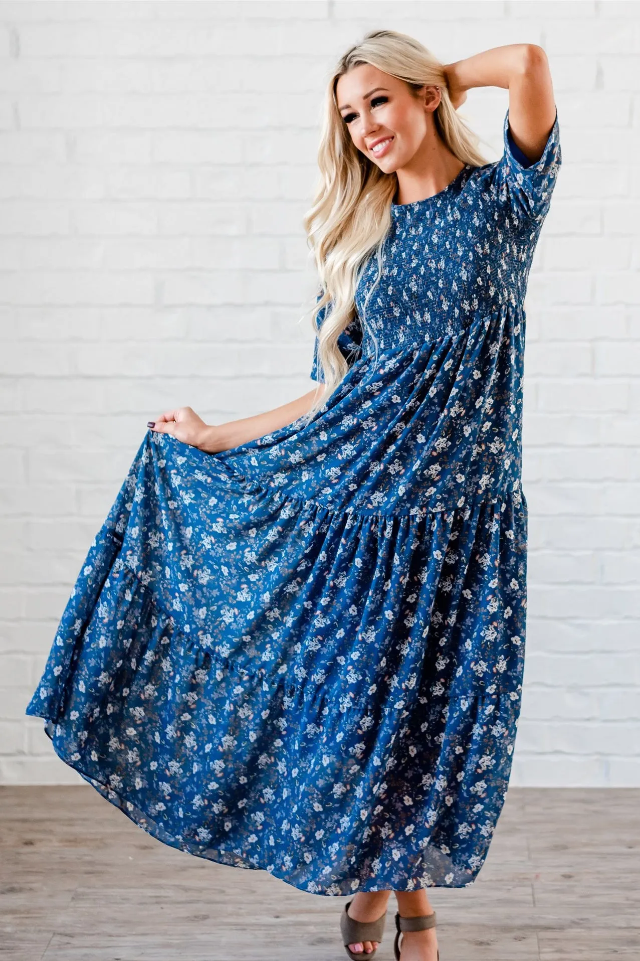 The Bella Smocked Maxi Dress: Blue