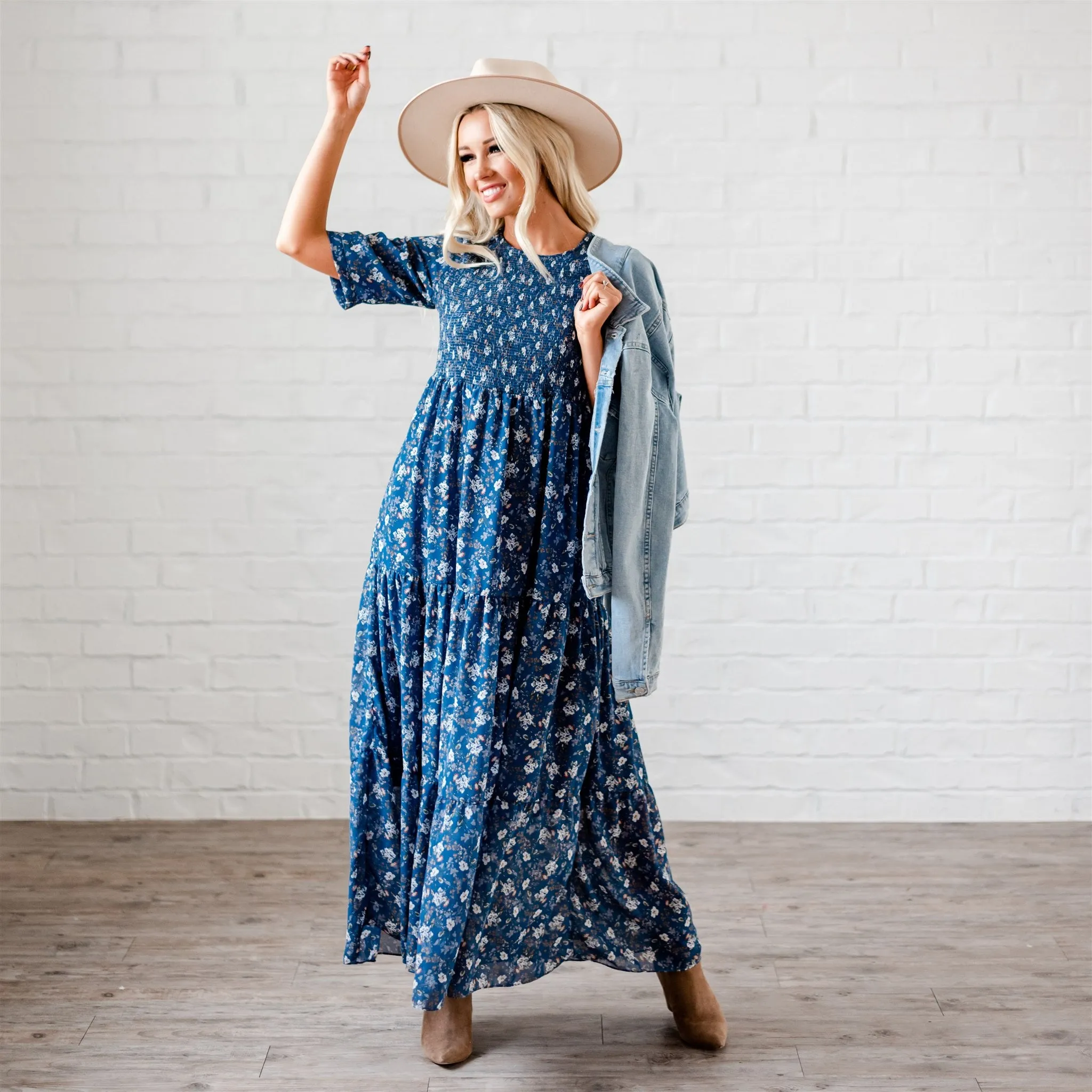 The Bella Smocked Maxi Dress: Blue