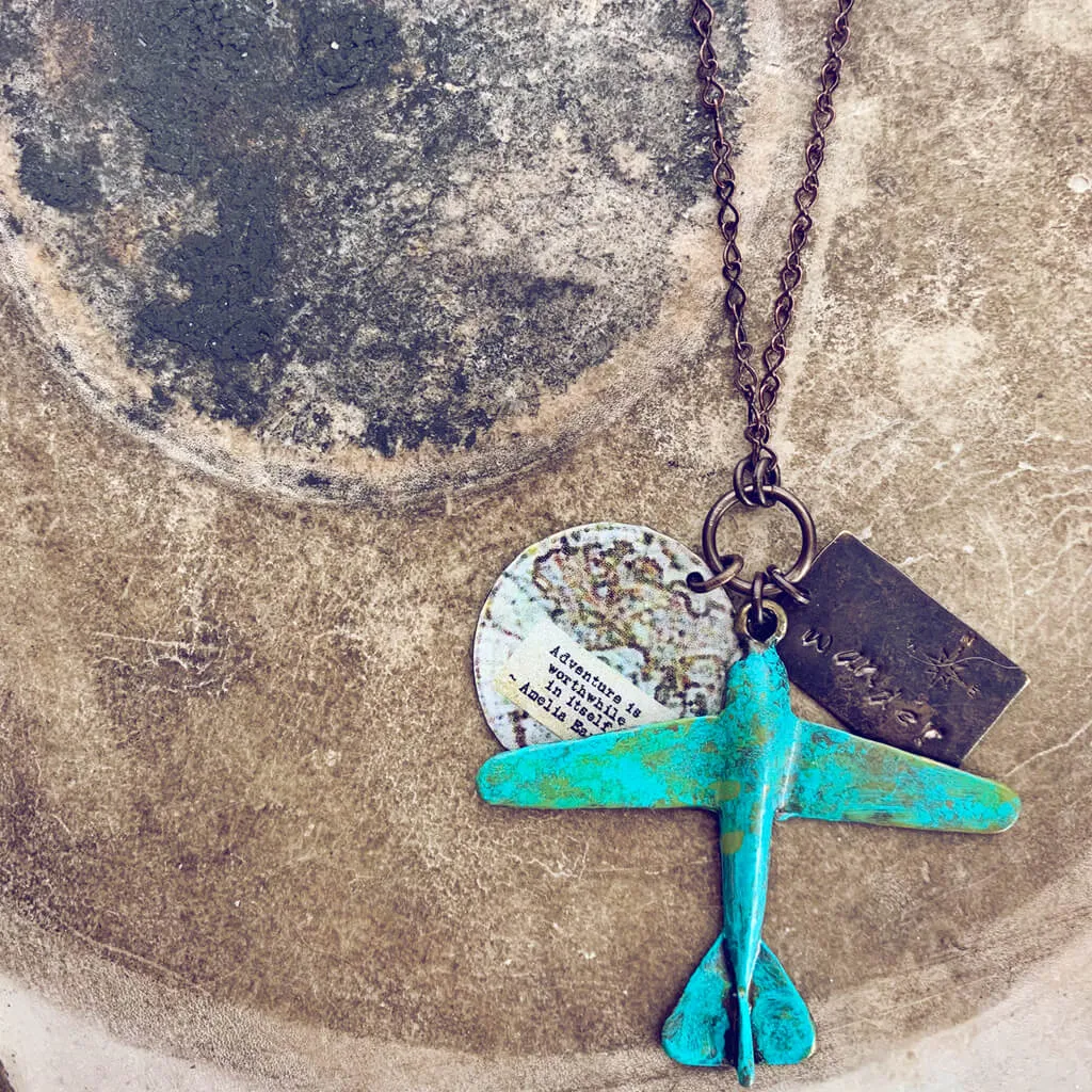 wander // distressed patina airplane, quote & map adventure necklace