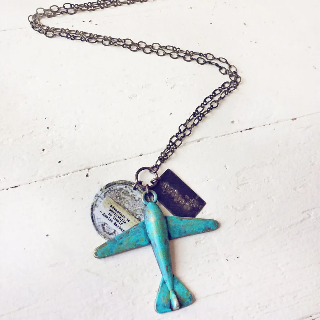 wander // distressed patina airplane, quote & map adventure necklace