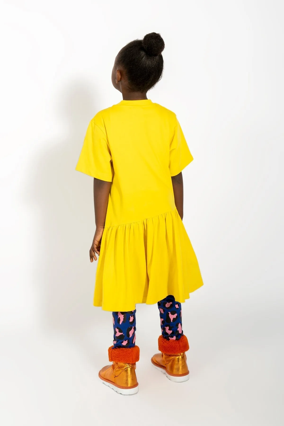 YELLOW GATHERED JERSEY T-SHIRT DRESS