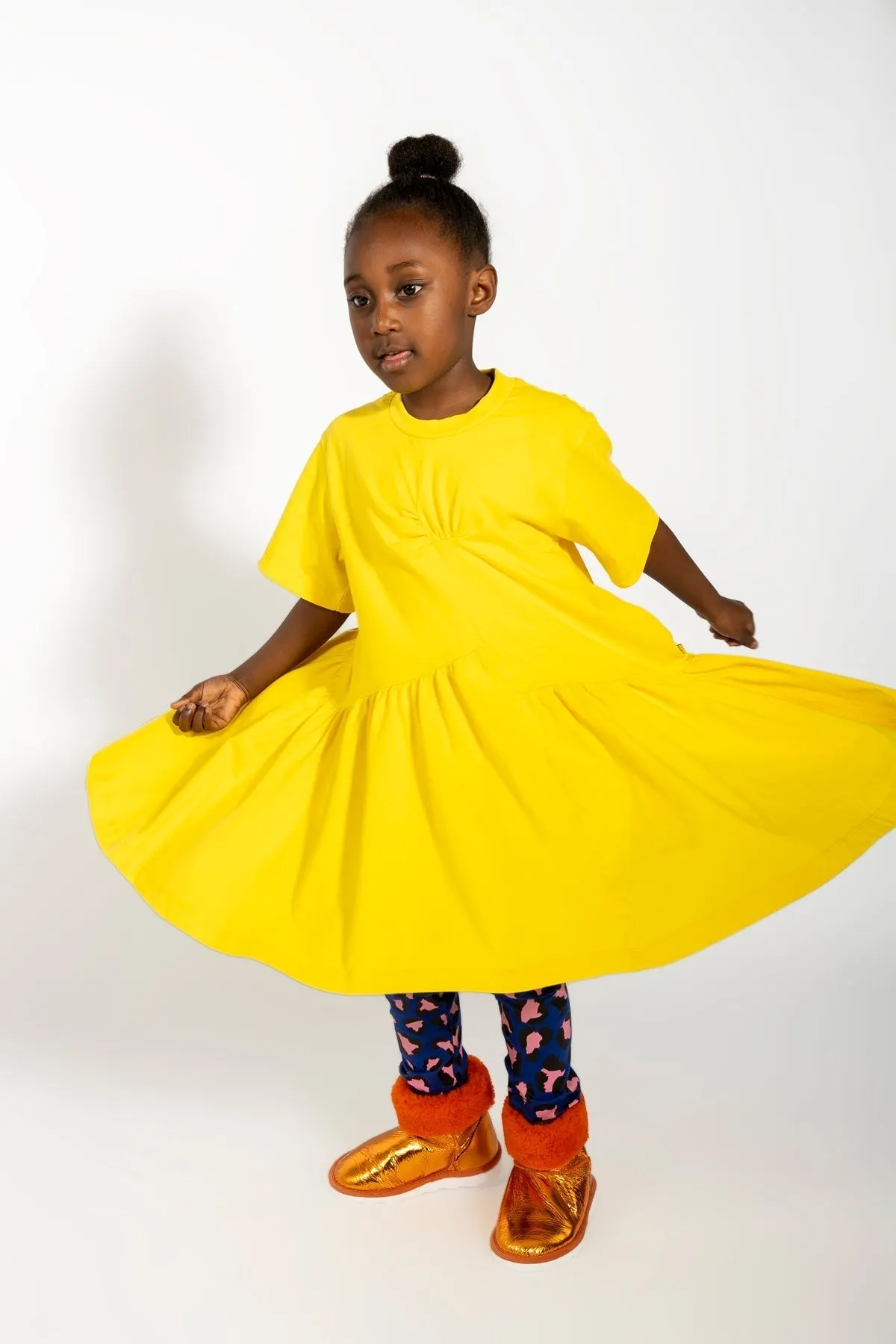 YELLOW GATHERED JERSEY T-SHIRT DRESS